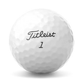 A white Titleist 2025 Tour Soft Aim 360° golf ball with black “Titleist” branding and the number 1. Its dimpled surface and Aim 360° Alignment enhance accuracy on the green.