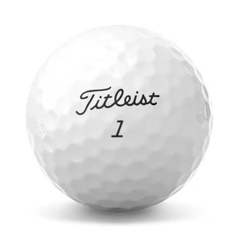 A white Titleist 2025 Tour Soft Aim 360° golf ball with black “Titleist” branding and the number 1. Its dimpled surface and Aim 360° Alignment enhance accuracy on the green.