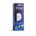 A blue box of Titleist 2025 Tour Soft Aim 360° Golf Balls showcases a visible ball, “Tour Soft” and “#1 Ball in Golf” text, and promotes its soft feel plus Aim 360° Alignment for enhanced precision on the course.