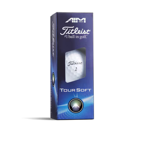 A blue box of Titleist 2025 Tour Soft Aim 360° Golf Balls showcases a visible ball, “Tour Soft” and “#1 Ball in Golf” text, and promotes its soft feel plus Aim 360° Alignment for enhanced precision on the course.