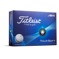 A blue box of Titleist 2025 Tour Soft Aim 360° Golf Balls displays the Titleist logo, No.1 ball in golf, a soft golf ball image, and AIM 360° Alignment technology branding in the top right corner.