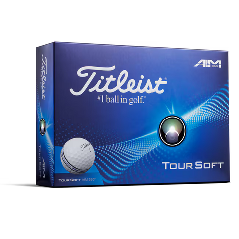 A blue box of Titleist 2025 Tour Soft Aim 360° Golf Balls displays the Titleist logo, No.1 ball in golf, a soft golf ball image, and AIM 360° Alignment technology branding in the top right corner.