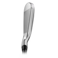 A close-up of the Titleist 2025 4G U505 Driving Iron clubhead highlights its grooved face and shiny metallic finish, with the utility iron angled upward against a white background.