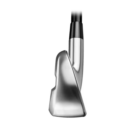 A close-up of the Titleist 2025 4G U505 Driving Iron head showcases its sleek silver, angular design against a white background.