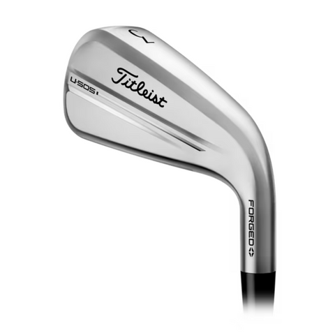 A sleek silver Titleist 2025 4G U505 Driving Iron is shown at an angle, highlighting the brand and model details engraved on the utility club head.