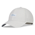 The Titleist 2025 Womens Charleston Breezer Cap in Heather White features a curved brim, front logo patch, UV protection, side ventilation holes, and an adjustable back strap. Ideal for golf, this light grey cap is stylish and functional.