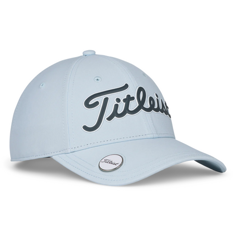The Titleist 2025 Players Performance Ball Marker Women’s Cap is a light blue women’s golf hat with large Titleist script on the front, a ball marker on the brim, and classic performance styling.