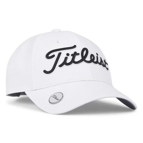 The Titleist 2025 Players Performance Ball Marker Women’s Cap is a white womens golf cap with black Titleist embroidery and a round metallic magnetic ball marker on the brim, shown against a plain white background.