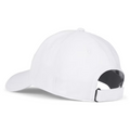 The Titleist 2025 Players Performance Ball Marker Women’s Cap, shown from the back, is a plain white golf hat featuring an adjustable strap with a metal clasp and a curved brim.