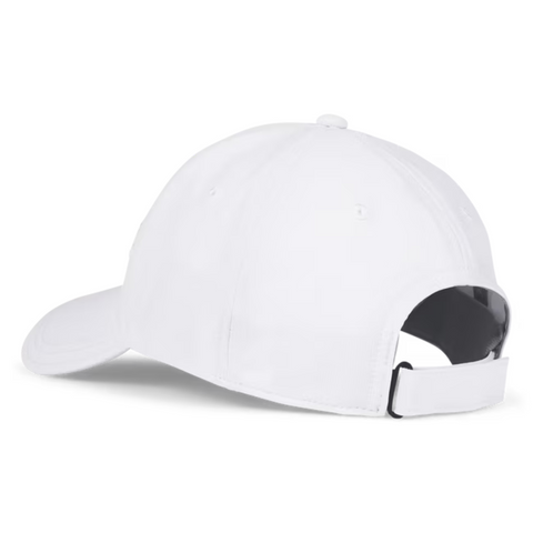 The Titleist 2025 Players Performance Ball Marker Women’s Cap, shown from the back, is a plain white golf hat featuring an adjustable strap with a metal clasp and a curved brim.