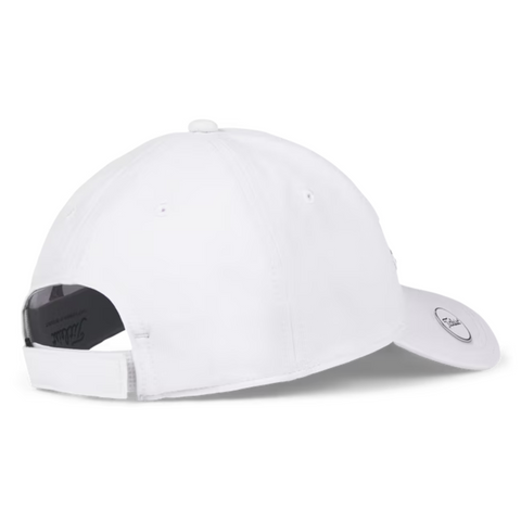 The Titleist 2025 Players Performance Ball Marker Women’s Cap by Titleist is a plain white golf hat shown from the back, featuring an adjustable strap with a small black tag and a curved brim.