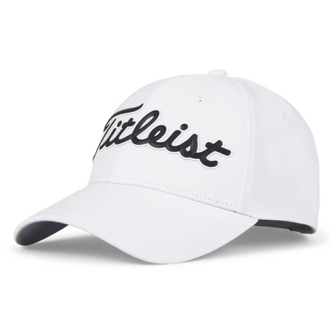 The Titleist 2025 Players Performance Ball Marker Women’s Cap is a white golf hat with a curved brim and black Titleist script on the front, blending classic style with top performance features for women.