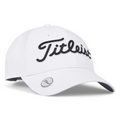 The Titleist 2025 Players Performance Ball Marker Women’s Cap is a white womens golf cap with black Titleist embroidery and a round metallic magnetic ball marker on the brim, shown against a plain white background.