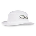 The Titleist Breezer Bucket Hat features a wide brim, lightweight design, and Titleist script on the front. Available in White/Eucalyptus/Lemon, it offers excellent sun protection—perfect for golf and other outdoor activities.