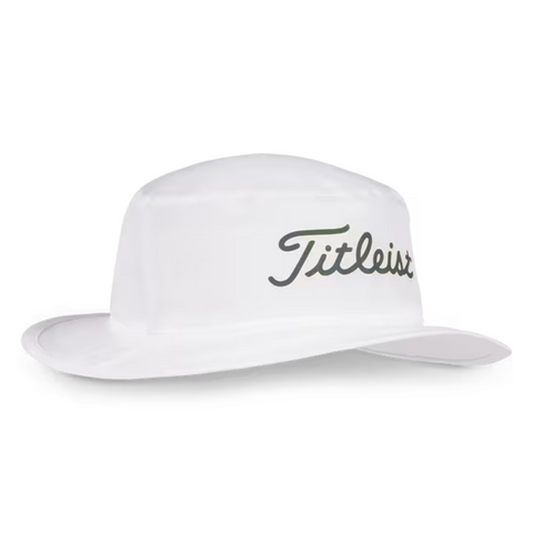 The Titleist Breezer Bucket Hat features a wide brim, lightweight design, and Titleist script on the front. Available in White/Eucalyptus/Lemon, it offers excellent sun protection—perfect for golf and other outdoor activities.