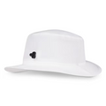 The Titleist Breezer Bucket Hat by Titleist is a white, wide-brimmed, lightweight golf hat with a flat top and small black side detail—perfect for sun protection on the course.