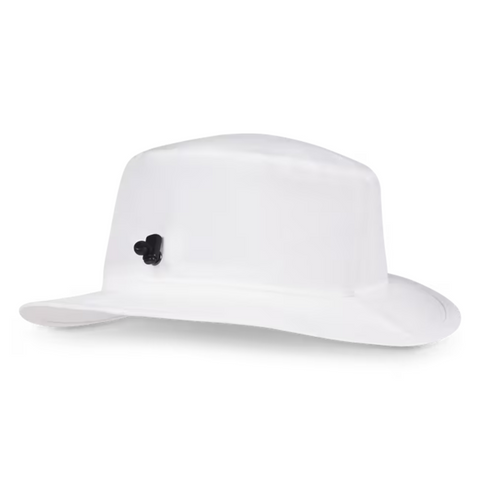 The Titleist Breezer Bucket Hat by Titleist is a white, wide-brimmed, lightweight golf hat with a flat top and small black side detail—perfect for sun protection on the course.