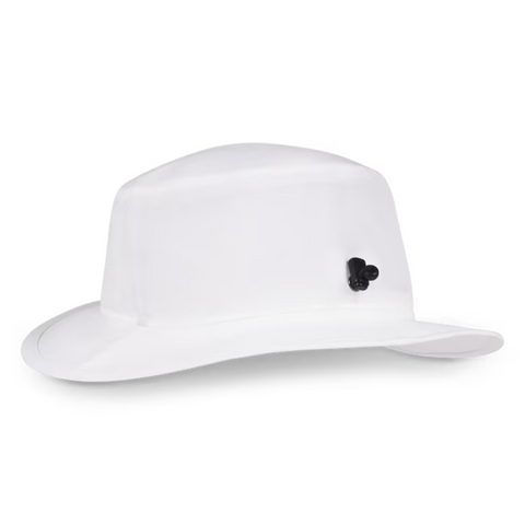 The Titleist Breezer Bucket Hat by Titleist is a white wide-brimmed golf hat with a flat crown and a small black adjustable toggle on the side, displayed against a plain white background.