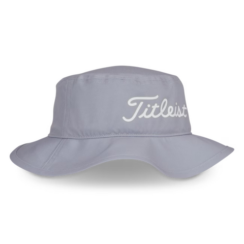 The Titleist Breezer Bucket Hat in Grey/White features a white embroidered logo, lightweight design, and soft brim for sun protection—perfect for long days on the golf course.