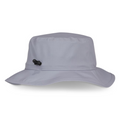 The Titleist Breezer Bucket Hat by Titleist features a light gray wide brim and a black side adjustable toggle, offering sun protection. Shown against a white background.