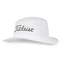 The Titleist Breezer Bucket Hat is a lightweight white hat with a wide brim and Titleist in black cursive on the front, offering excellent sun protection for golf and everyday wear.