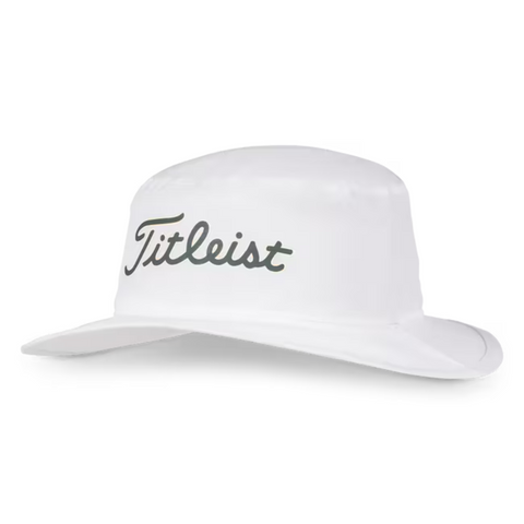 The Titleist Breezer Bucket Hat is a lightweight white hat with a wide brim and Titleist in black cursive on the front, offering excellent sun protection for golf and everyday wear.