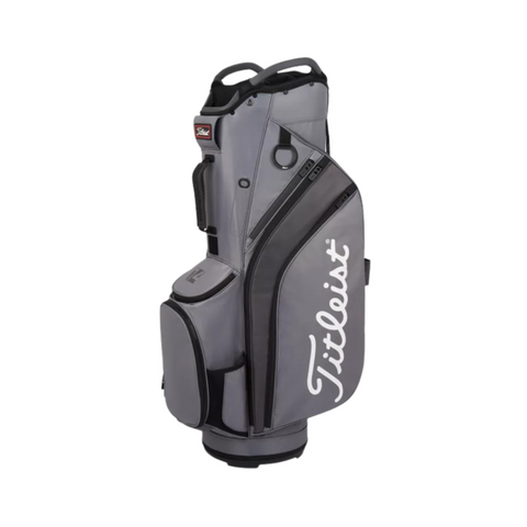 The Titleist Cart 14 Lightweight Golf Bag features a grey and black design, multiple zippered pockets, a large side logo, and a sturdy base—ideal as your next cart golf bag from Titleist.
