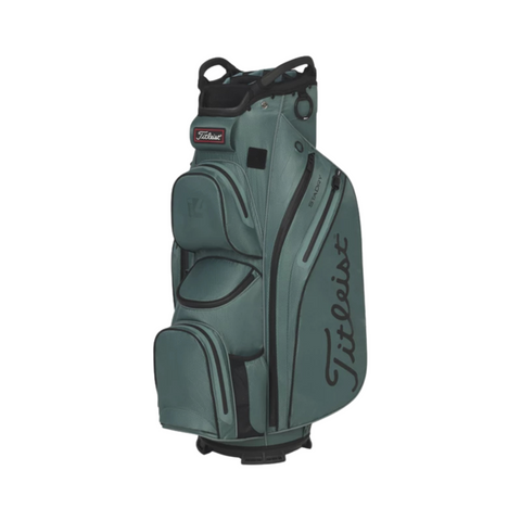 The Titleist Cart 14 StaDry Golf Bag, in green, features multiple zippered compartments and the Titleist logo on the side. Its waterproof design makes it an ideal golf cart bag, shown here against a plain white background.