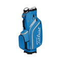 The Titleist Cart 14 StaDry Golf Bag features blue, white, and yellow accents, multiple zippered pockets, and a padded strap—offering stylish waterproof protection for your gear.