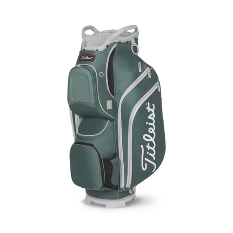 The Titleist Cart 15 Golf Bag in Eucalyptus features multiple zippered compartments, a large side pocket with the Titleist logo, a sturdy base, and top carry handles for easy transport.