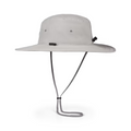 The Titleist Charleston Aussie Bucket Hat in Grey/White features a wide brim, chin strap, ventilation eyelets, and an adjustable back toggle for sun protection, shown against a white background.