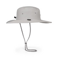 The Titleist Charleston Aussie Bucket Hat in Grey/White features ventilation eyelets, an adjustable chin strap with toggle, and a wide brim for stylish sun protection. The Titleist hat is shown on a white background.