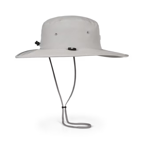 The Titleist Charleston Aussie Bucket Hat in Grey/White features ventilation eyelets, an adjustable chin strap with toggle, and a wide brim for stylish sun protection. The Titleist hat is shown on a white background.