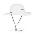 The Titleist Charleston Aussie Bucket Hat in White/Black features a black Titleist logo, an adjustable gray chin strap, and a wide brim for sun protection.