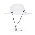 The Titleist Charleston Aussie Bucket Hat in White/Black features a wide brim, round crown, black adjustable chin cord, and crown fasteners. This Titleist hat offers stylish sun protection and comfort for outdoor activities.