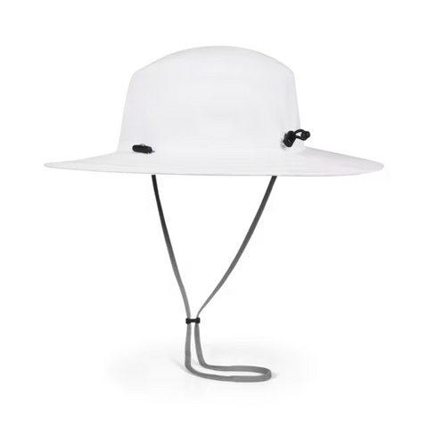 The Titleist Charleston Aussie Bucket Hat in White/Black features a wide brim, round crown, black adjustable chin cord, and crown fasteners. This Titleist hat offers stylish sun protection and comfort for outdoor activities.