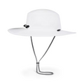 The Titleist Charleston Aussie Bucket Hat in White/Black features a wide brim, chin strap, and black adjustable toggles for excellent sun protection. Inspired by classic Aussie styling; perfect for golf under the sun.