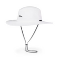The Titleist Charleston Aussie Bucket Hat in White/Black features a wide brim, chin strap, and the Titleist logo on the front left for excellent sun protection. The hat is shown against a plain white background.