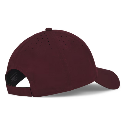 The Titleist Charleston Breezer Cap in Burgundy/Navy/White features breathable fabric with ventilation holes on the crown and an adjustable buckle strap for a custom fit.