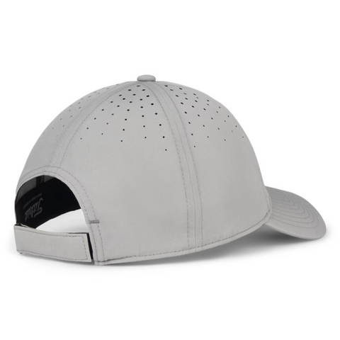 The Titleist Charleston Breezer Cap in grey/black/white is a lightweight golf hat with ventilation holes and a Velcro adjustment strap, offering breathable comfort and an adjustable fit.