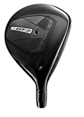 The Titleist GT3 Fairway Wood features a sleek black head with silver and red geometric details, low spin design, and a 15-degree loft marking on the hosel for precise shot-shaping control.