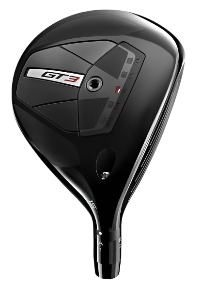 The Titleist GT3 Fairway Wood features a sleek black head with silver and red geometric details, low spin design, and a 15-degree loft marking on the hosel for precise shot-shaping control.