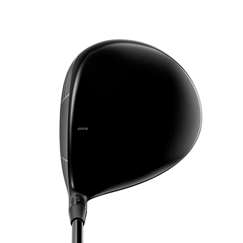 Black golf club head on a white background with GTS on the top of the club crown