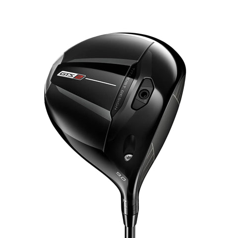Black golf driver with 'GTS' branding on a white background