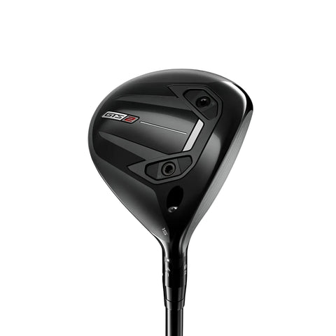 Black golf club head  with a 15 degree loft on a white background with GTS2 on it
