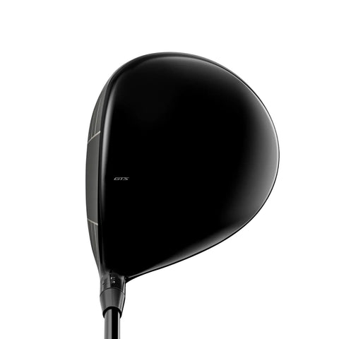 Black golf club head on a white background with the crown of the club showing GTS on it 
