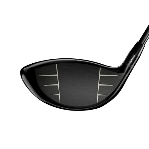 Golf club face with a black finish on a white background