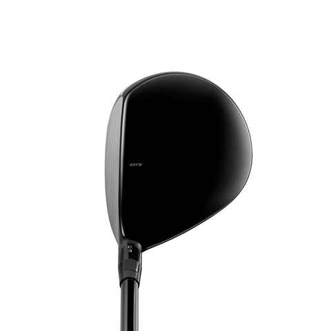 Black golf club head on a white background with GTS on the top of the fairway wood