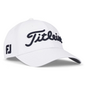 The Titleist Junior Tour Performance Cap is a white kids golf hat with Titleist embroidered in black script on the front and the FJ logo on the side—a stylish choice for young golfers.