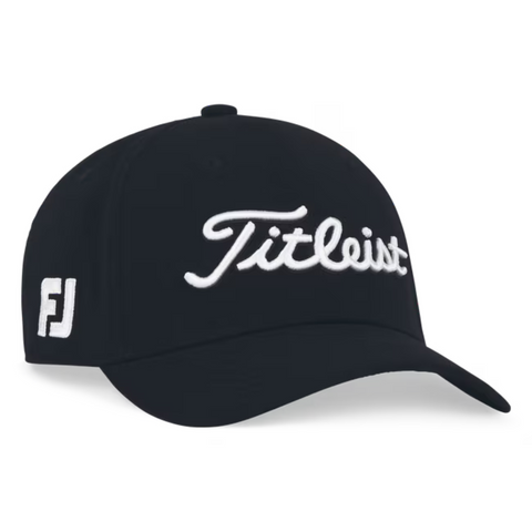 The Titleist Junior Tour Performance Cap is a black kids’ golf hat with Titleist in white script on the front and a white FJ logo on the side, ideal for junior golfers.